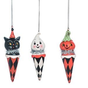 Johanna Parker Halloween Cone Ornaments - Black Cat, Ghost & Pumpkin - Set of 3